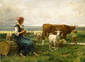 Hirtin mit Schafen, Kuh und Ziege