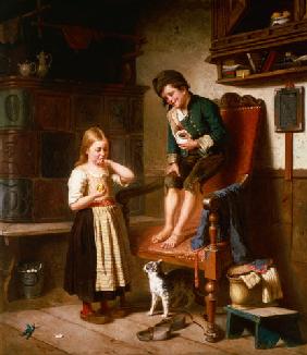 Zwei Kinder mit Katze an einem Kachelofen 1867