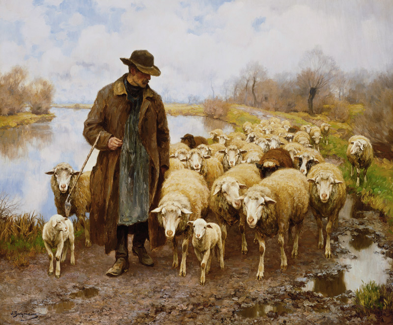 Ein Schäfer mit seiner Herde am See. von Julius Hugo Bergmann