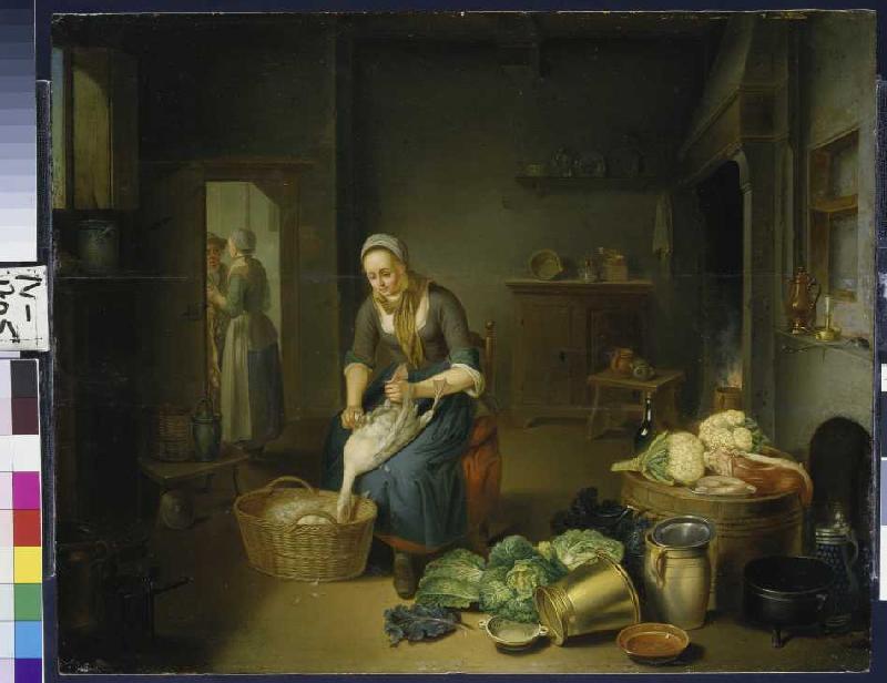 Küchenstück mit Gänse rupfender Frau von Justus Juncker
