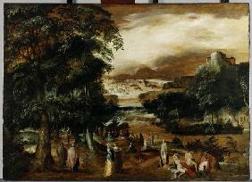 Landschaft mit Predigt und Taufe Pauli 1597