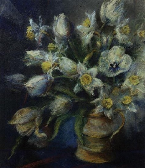 Daffodils, Ice Follies and Tulips, Diana in a brown jug (pastel)  von Karen  Armitage