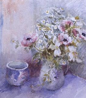 Still life of pink and white anemones with blue bowl (w/c) 