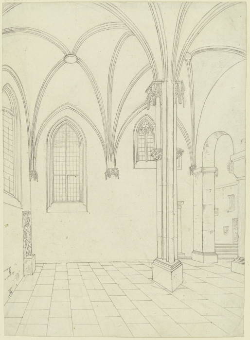 Inneres einer gotischen Kirche, links ein Grabstein mit einem Ritter, rechts einige Stufen von Karl Ballenberger