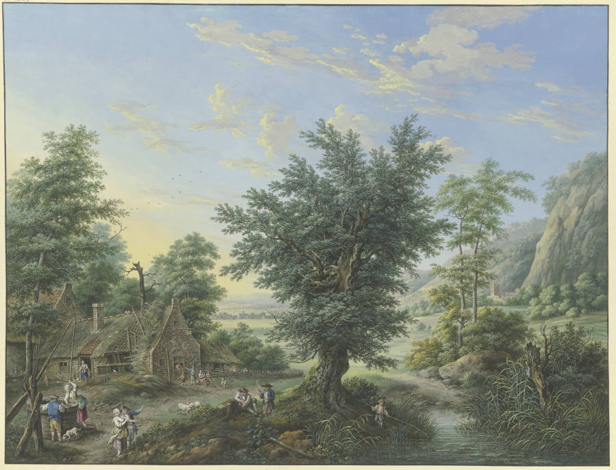 Reiche Landschaft mit Bäumen, Wiesen und Dörfern, vorne links eine Hütte mit Ziehbrunnen und vielen  von Karl Franz Kraul