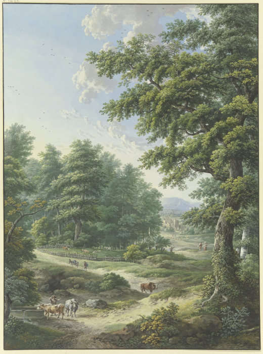 Umzäunter Weideplatz im Wald, im Vordergrund eine Viehtränke von Karl Franz Kraul