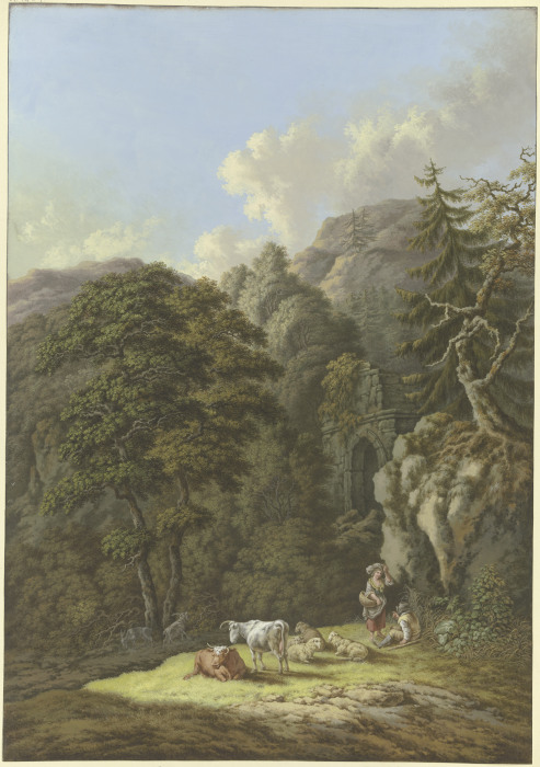 Waldige Berglandschaft mit einem alten Tor und einer Viehherde in einer Lichtung von Karl Franz Kraul