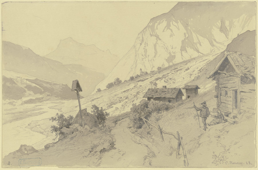 Flusstal im Gebirge, rechts Hütten, davor Mann und Frau von Karl Friedrich Harveng