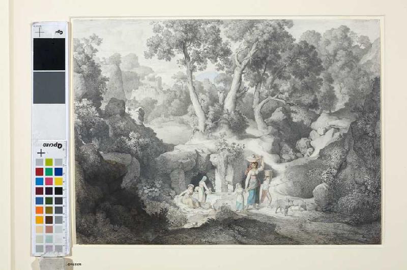 Heroische Landschaft mit Landleuten beim Brunnen von Karl Heinrich Dreber
