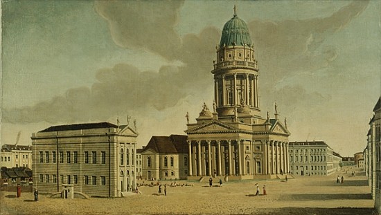 View of the Gendarmenmarkt with the French playhouse and cathedral, Berlin von Karl Friedrich Fechhelm