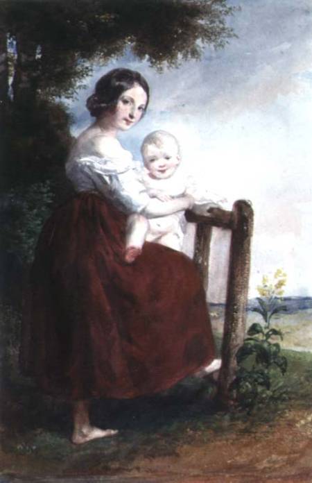 Girl holding a Baby: Landscape Background von Károly Brocky