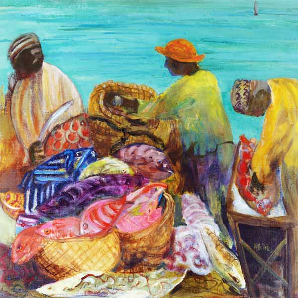 Sorting the Catch, Zanzibar (oil on canvas)  von Kate  Yates