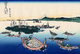 Die Insel Tsukuda in der Provinz Musashi (aus der Bildserie „36 Ansichten des Berges Fuji“)