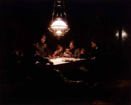 Family supper in the lamp light von Knut Ekwall