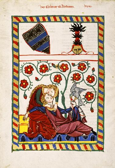 Buchmalerei, von der Falkenbeize heimgekehrt, ruht im Schoße seiner Dame 1310