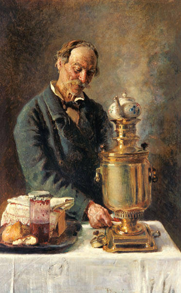 Teetrinker am Samowar von Konstantin Jegorowitsch Makowski