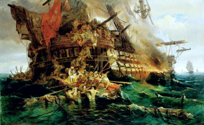 A Turkish Warship on Fire, 1868 (oil on canvas) von Konstantinos or Constantin Bolanachi