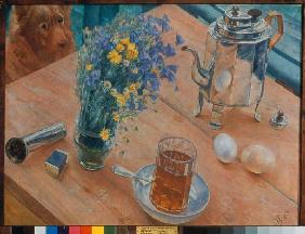 Das Morgen-Stillleben (Teekanne, Teeglas und Blumenvase) 1918