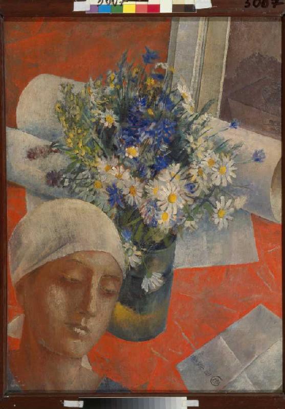 Frauenkopf und Vase mit Blumen von Kusma Sergejewitsch Petrow-Wodkin