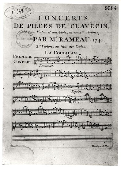 Score sheet for ''Concerts de Pieces de Clavecin'' Jean-Philippe Rameau (1683-1764) 1741 von L. Hue