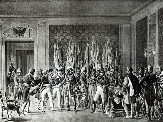 Napoleon gives the flags won at Austerlitz in 1805 to the Mayors of Paris visiting him at Schonbrunn von L. Marin