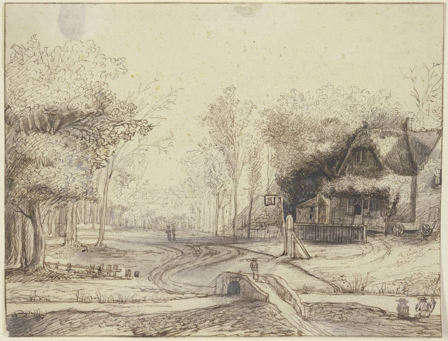 Dorfansicht, rechts ein Wirtshaus, vorne querüber ein Bach mit einer steinernen Brücke von Lambert Doomer