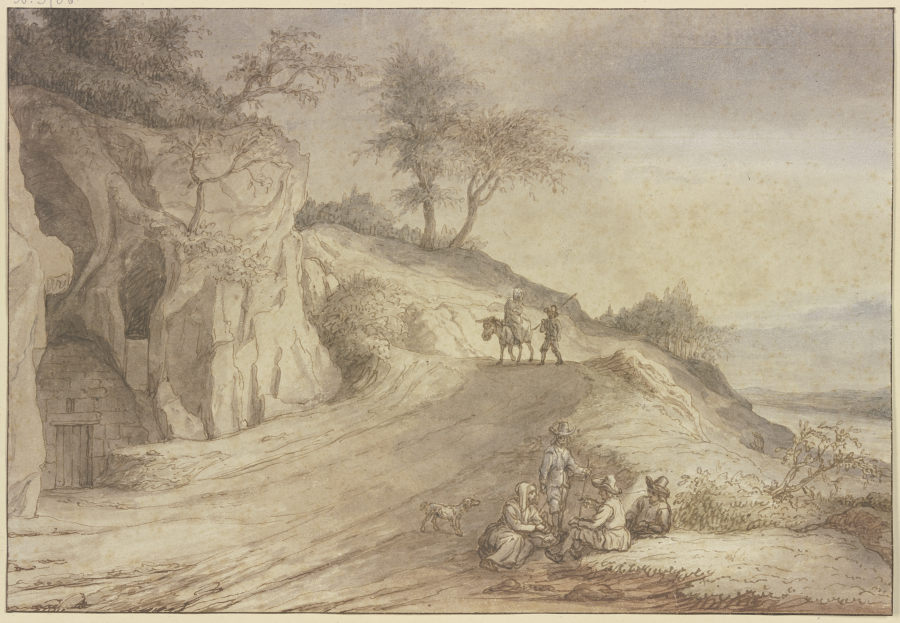 Weg über einen Hügel mit einem Mann zu Fuß und einer Frau auf einem Esel, vorne eine lagernde Gruppe von Lambert Doomer
