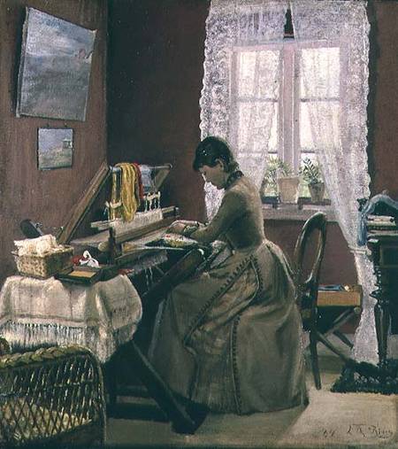 Johanne Wilde, the artist's wife, at her loom von Laurits Andersen Ring