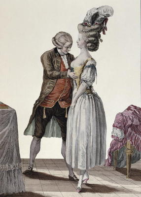 A tailor trying out a fashionable corset on a lady, plate from 'Galerie des Modes et Costumes', engr von Le Clere