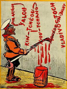 Russischer Zar, der das Wort "Pax" oder "Frieden" malt bestehend aus den Namen verlorener Schlachten 1904