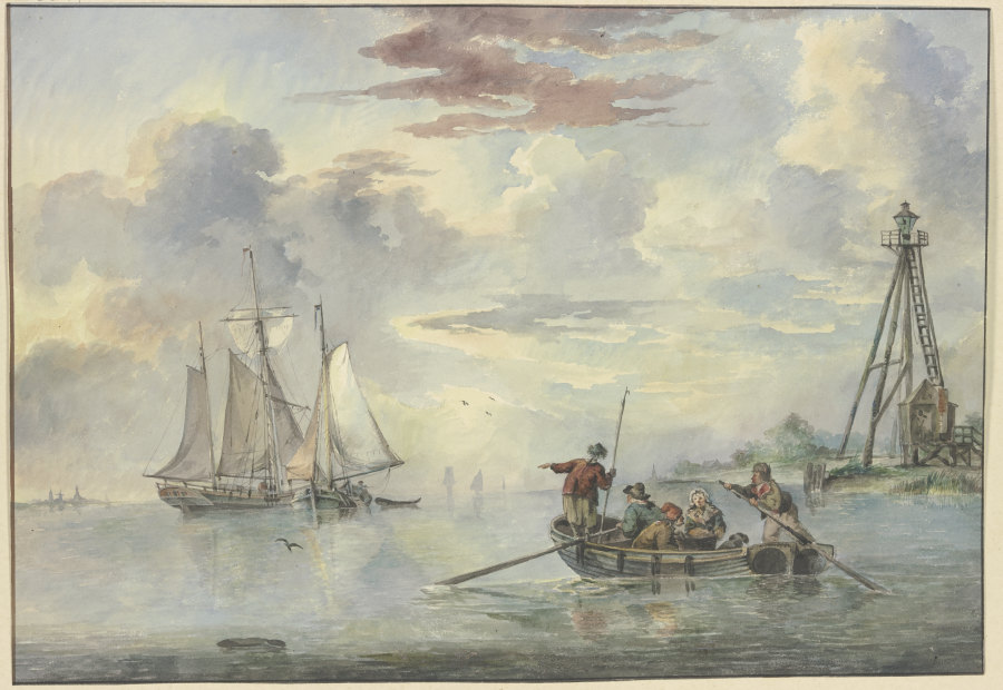 Ruhige See, die Sonne geht auf, im Vordergrund steuert ein Boot mit mehreren Personen zwei Schiffen  von Leendert de Koningh