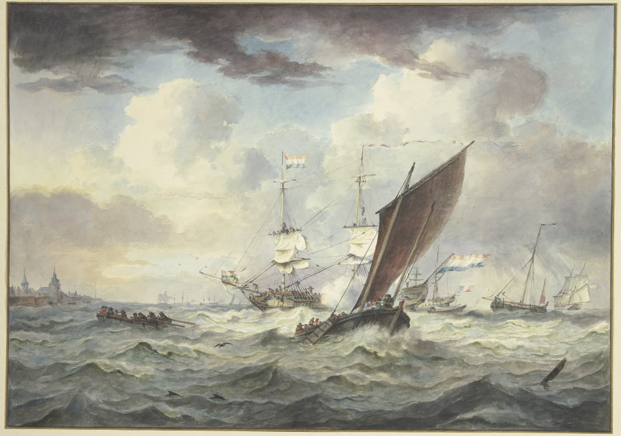 Stark bewegte See mit vielen Schiffen, ein großes Schiff lädt eine Kanone, davor ein Boot von vorne  von Leendert de Koningh
