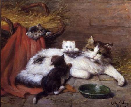 Cat with kittens von Léon Charles Huber