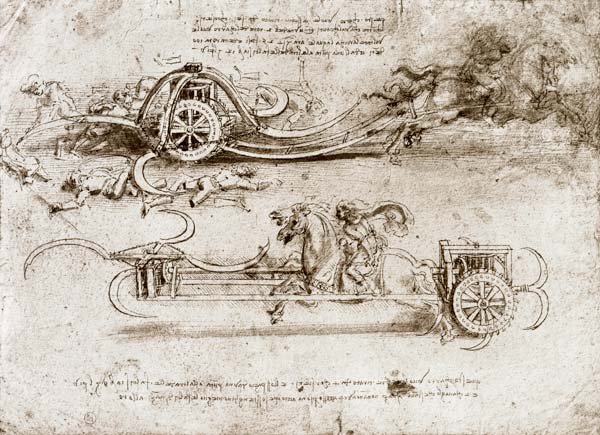 Battle chariots armed with scythes (pen & ink on paper) von Leonardo da Vinci