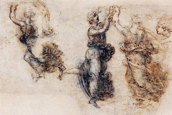 Three dancing figures and a study of a head (sepia & black ink on linen paper) von Leonardo da Vinci