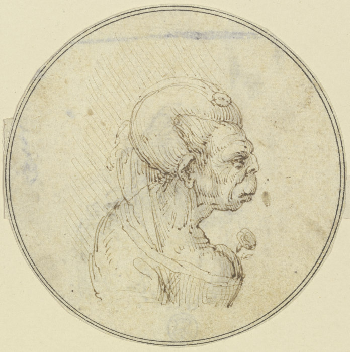 Karikatur einer alten Frau, Brustbild mit einer Rose im Busen, im Profil nach rechts von Leonardo da Vinci