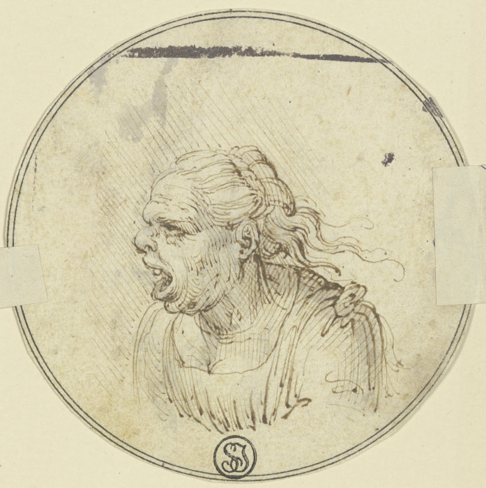 Karikatur einer Frau mit offenem Munde, Brustbild, im Profil nach links von Leonardo da Vinci