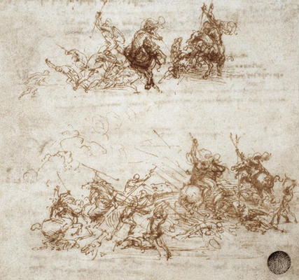 Page from a notebook showing figures fighting on horseback and on foot (sepia ink on linen paper) von Leonardo da Vinci