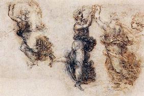 Three dancing figures and a study of a head (sepia & black ink on linen paper) 1874