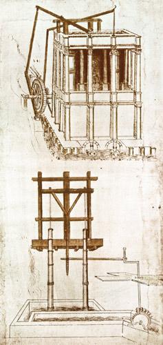 Facsimile of Codex Atlanticus 395v Hydraulic Water Pump for a Fountain (original copy in the Bibliot 1503/4-07