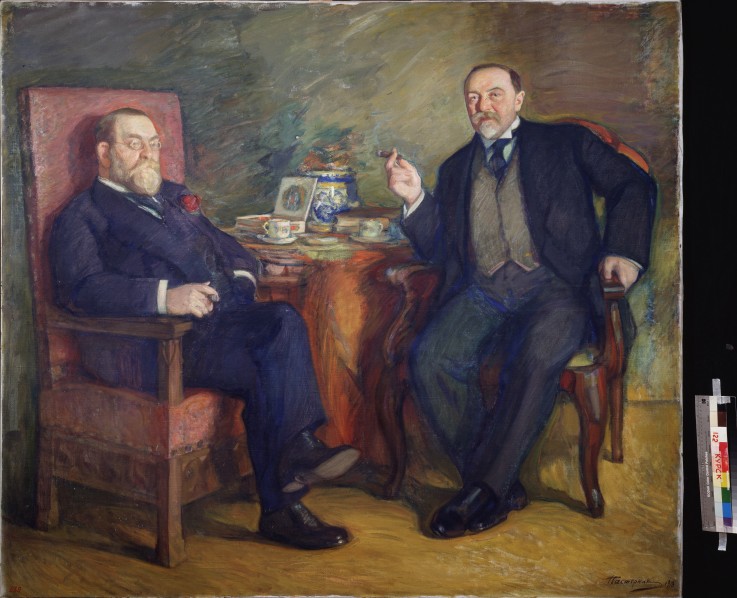 Beim Tee. Bildnis der Sammler Ossip Zetlin und David Wyssozki von Leonid Ossipowitsch Pasternak