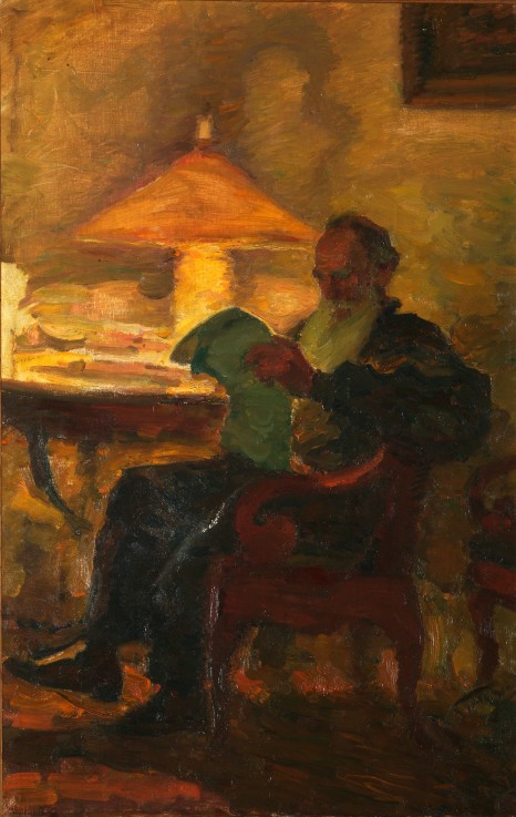 Lew Tolstoi mit der Zeitung von Leonid Ossipowitsch Pasternak