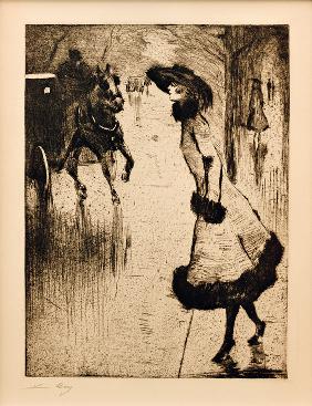 Dame, eine Pferdedroschke rufend 1920