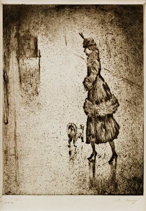 Dame mit Pudel auf regennasser Straße (Droschke links) von Lesser Ury