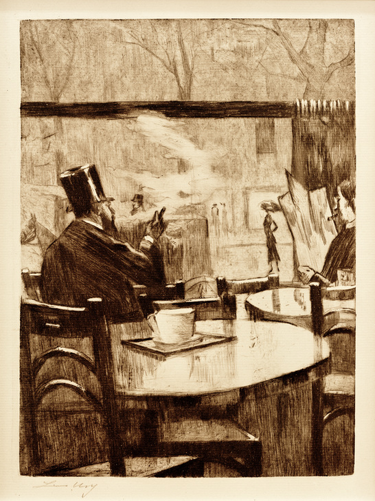 Herr mit Zylinder vor einem Kaffeehausfenster - In Rückenansicht von Lesser Ury