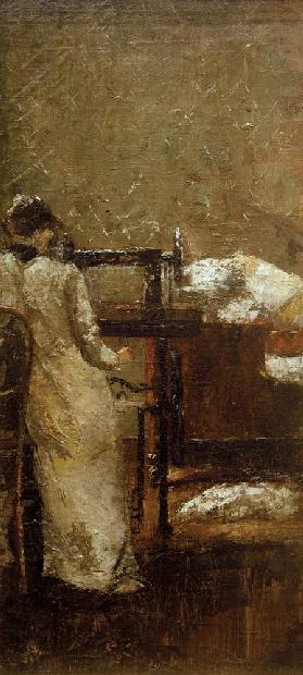 Frau an der Nähmaschine 1883