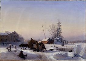 Die Eisgewinnung (Winteransicht des ehemaligen Weinstädtchens auf der Wassili-Insel in St. Petersbur 1849