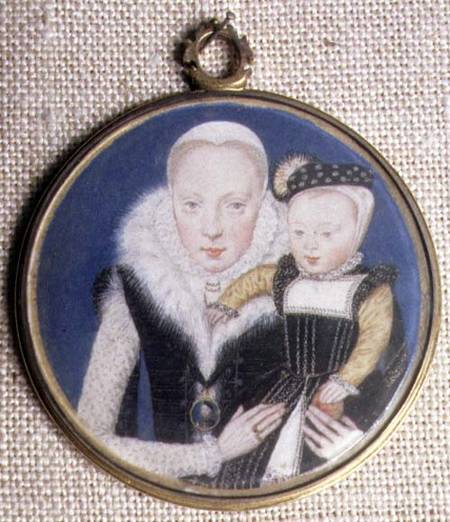 Portrait miniature of Lady Katherine Seymour, nee Grey (c.1538-68) Countess of Hertford, holding her von Lievine Teerlink