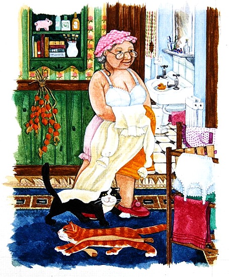 Grandma and 2 cats and nightdress von Linda  Benton