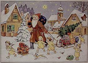 Darstellung aus einem alten Advents - Kalender: Der hl. Nikolaus kommt mit seinen Gaben um 1920
